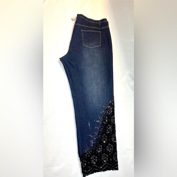 Embellished deep blue denim jeans Sequin Black Lace Embroidered Capri - Picture 10 of 12